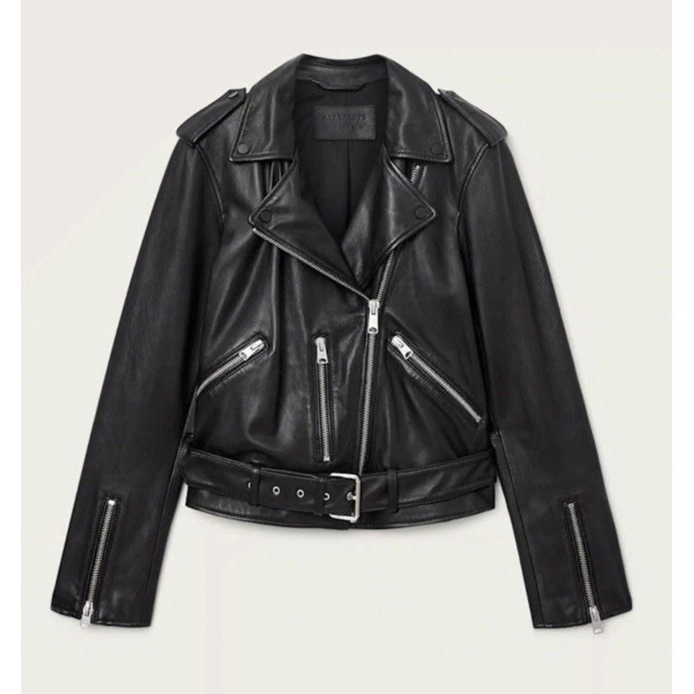All Saints Black Balfern Leather Biker Bomber Jacket  US 2